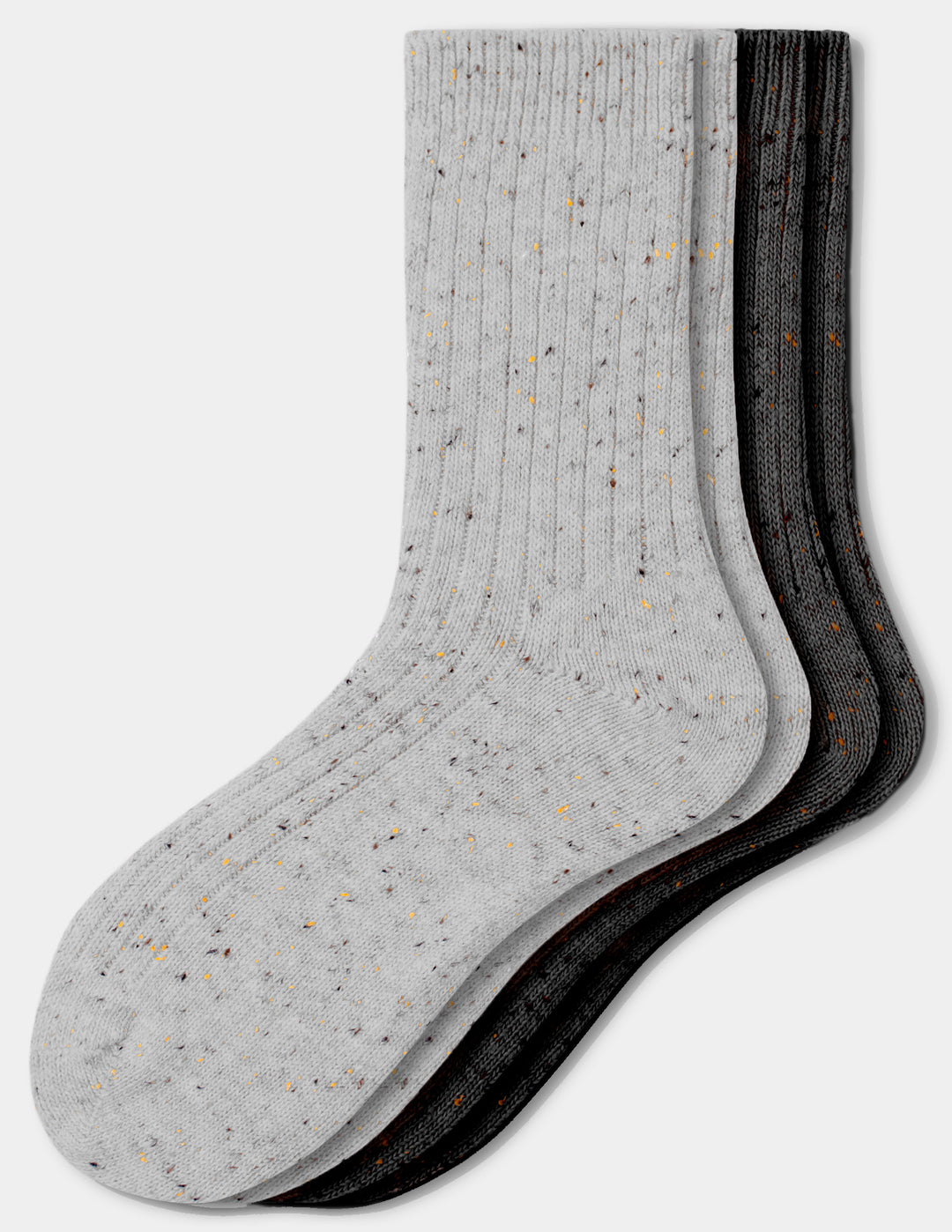Two pairs of tweed crew socks, one in light grey and one in black, displayed against a light gray background.