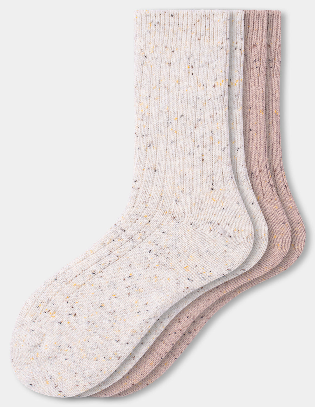 Two pairs of tweed crew socks, one ivory and one pink, displayed against a light gray background.