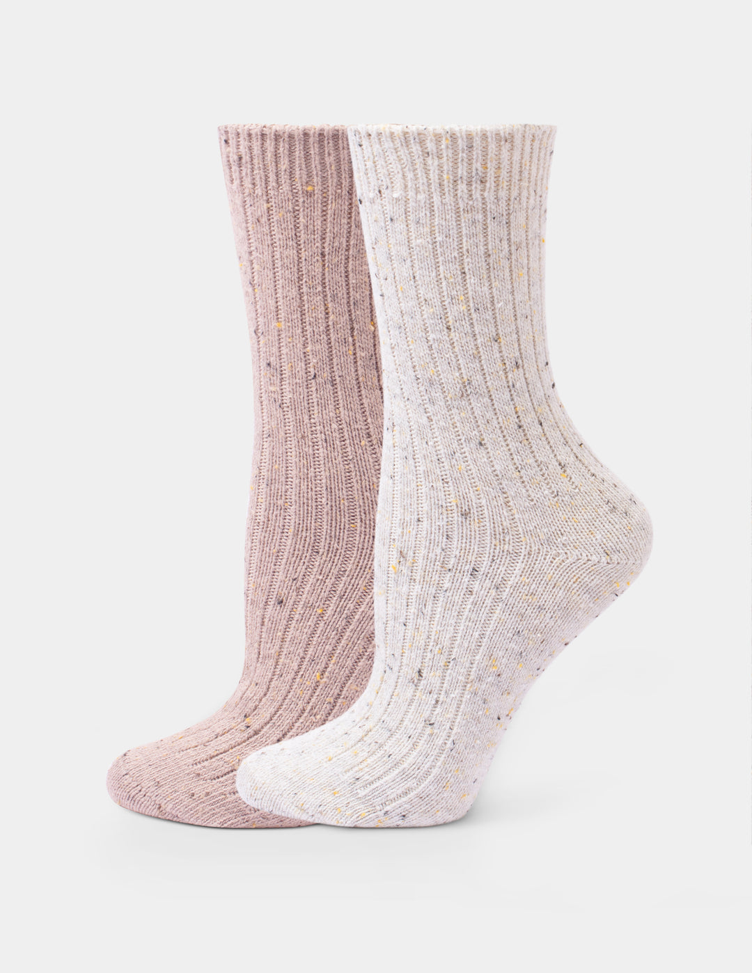 Two tweed crew socks, one ivory and one pink, displayed against a light gray background.