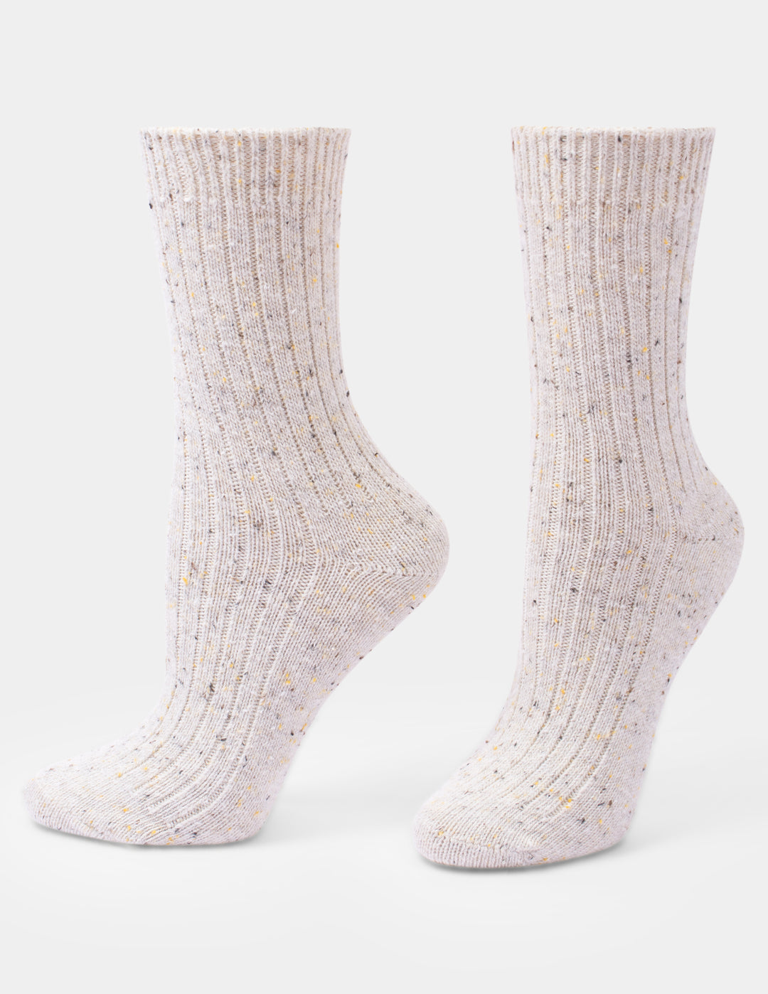 A pair of ivory tweed crew socks displayed against a light gray background.