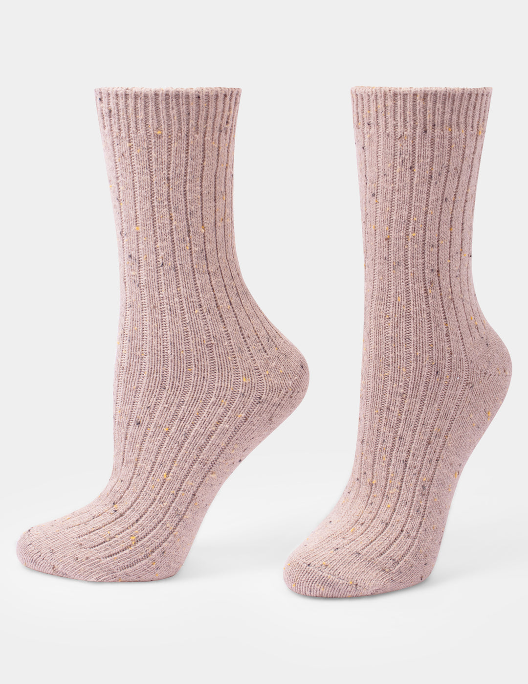 A pair of light pink tweed crew socks displayed against a light gray background.