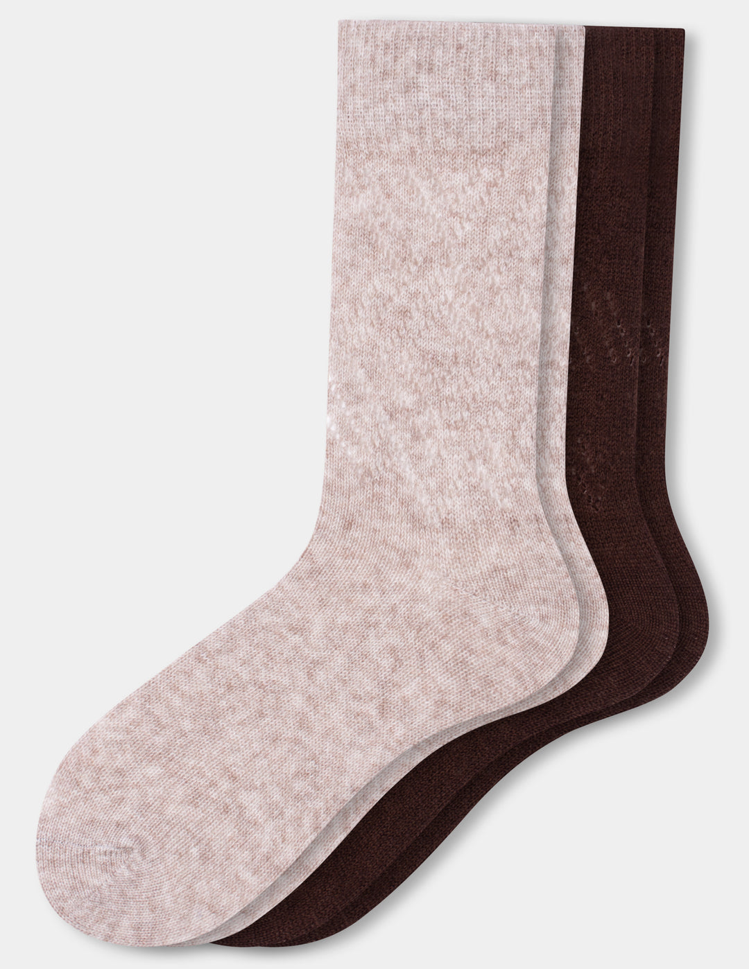 Two crew socks shown overlapping on a light gray background: one light beige pair and one dark brown pair.