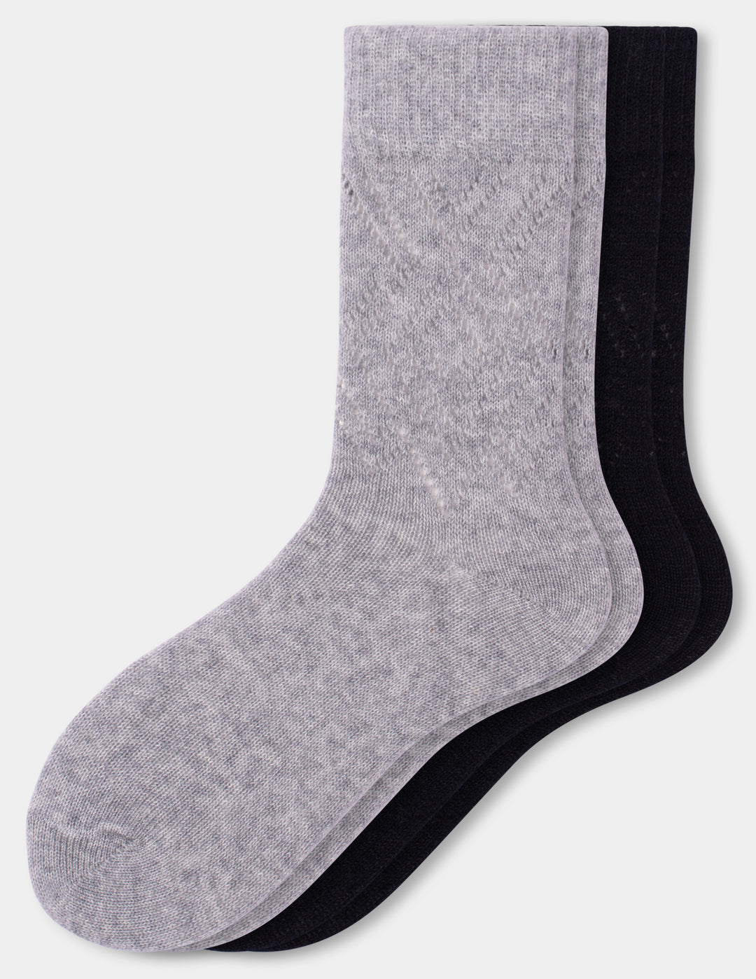 Two crew socks arranged in a fan shape on a light gray background, with the front sock in heather light gray and the back socks in solid black.