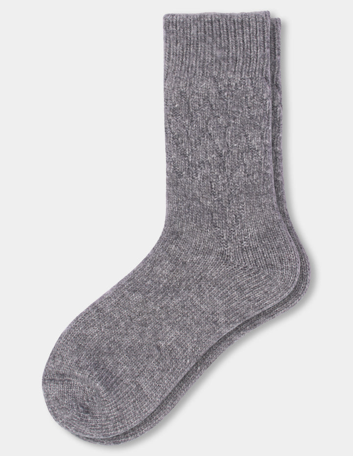 A pair of heather gray ribbed knit sock shown against a plain light gray background.