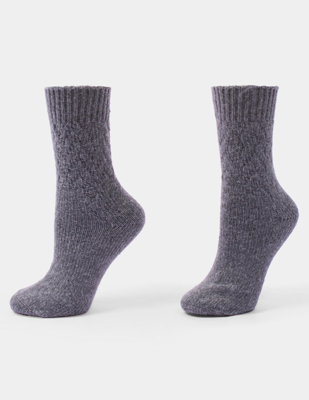 A pair of heather gray ribbed knit sock shown against a plain light gray background.