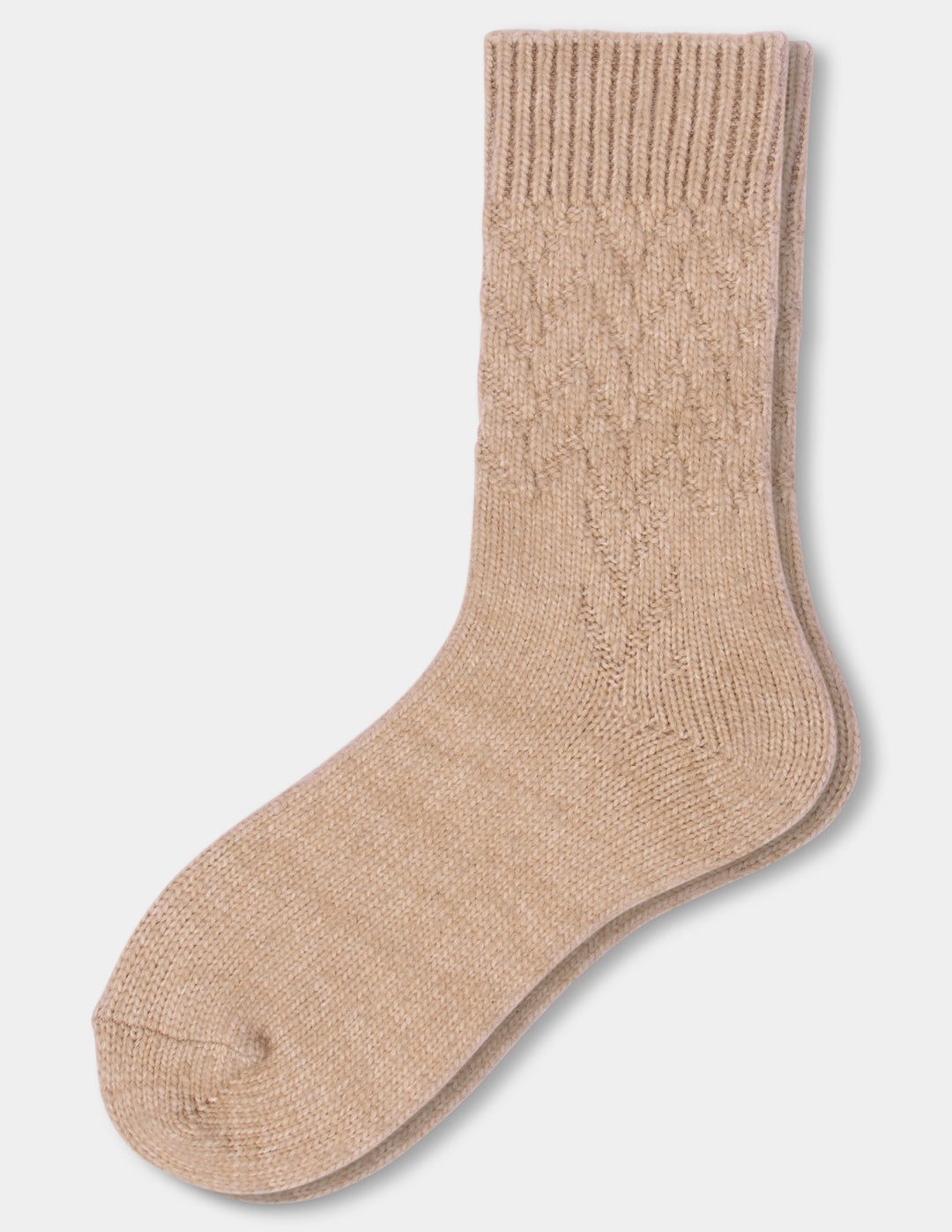 A pair of taupe ribbed knit sock shown against a plain light gray background.