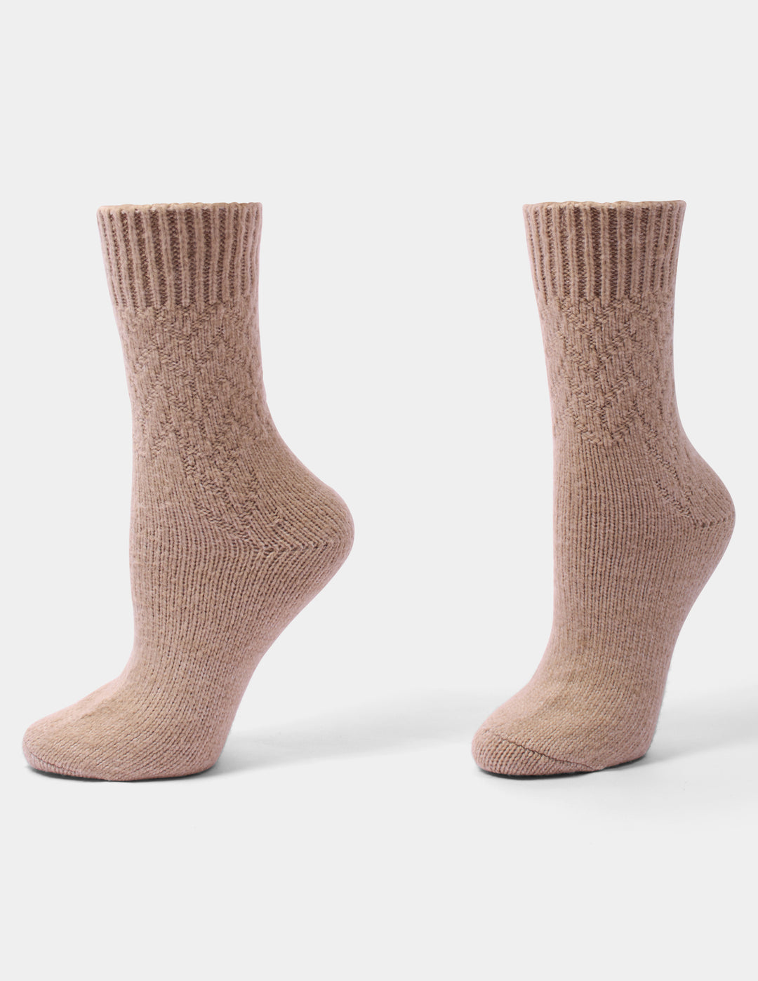 A pair of ribbed mid-calf socks in a taupe color, displayed from the side on a clean, light gray background.