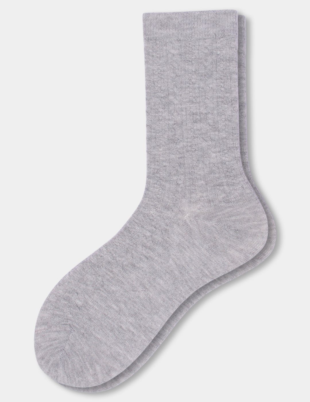 A pair of light gray heathered crew sock shown flat against a clean, off-white background.