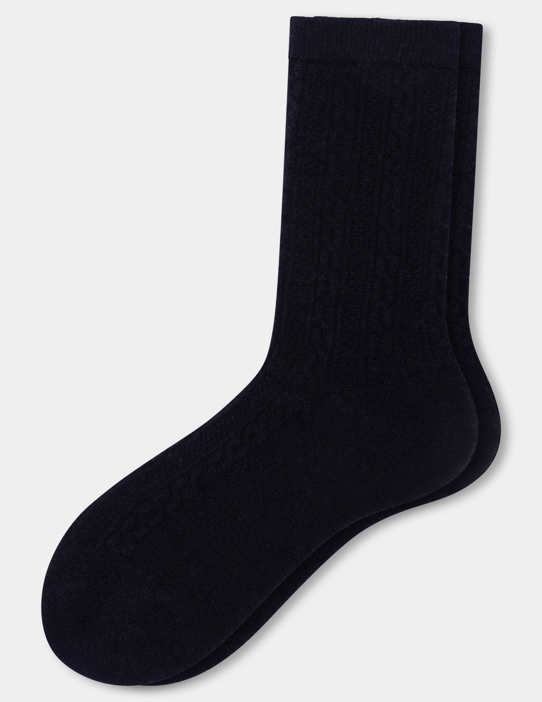 A pair of black crew socks with a ribbed texture, shown against a plain white background.
