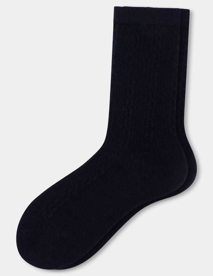 A pair of black crew socks with a ribbed texture, shown against a plain white background.