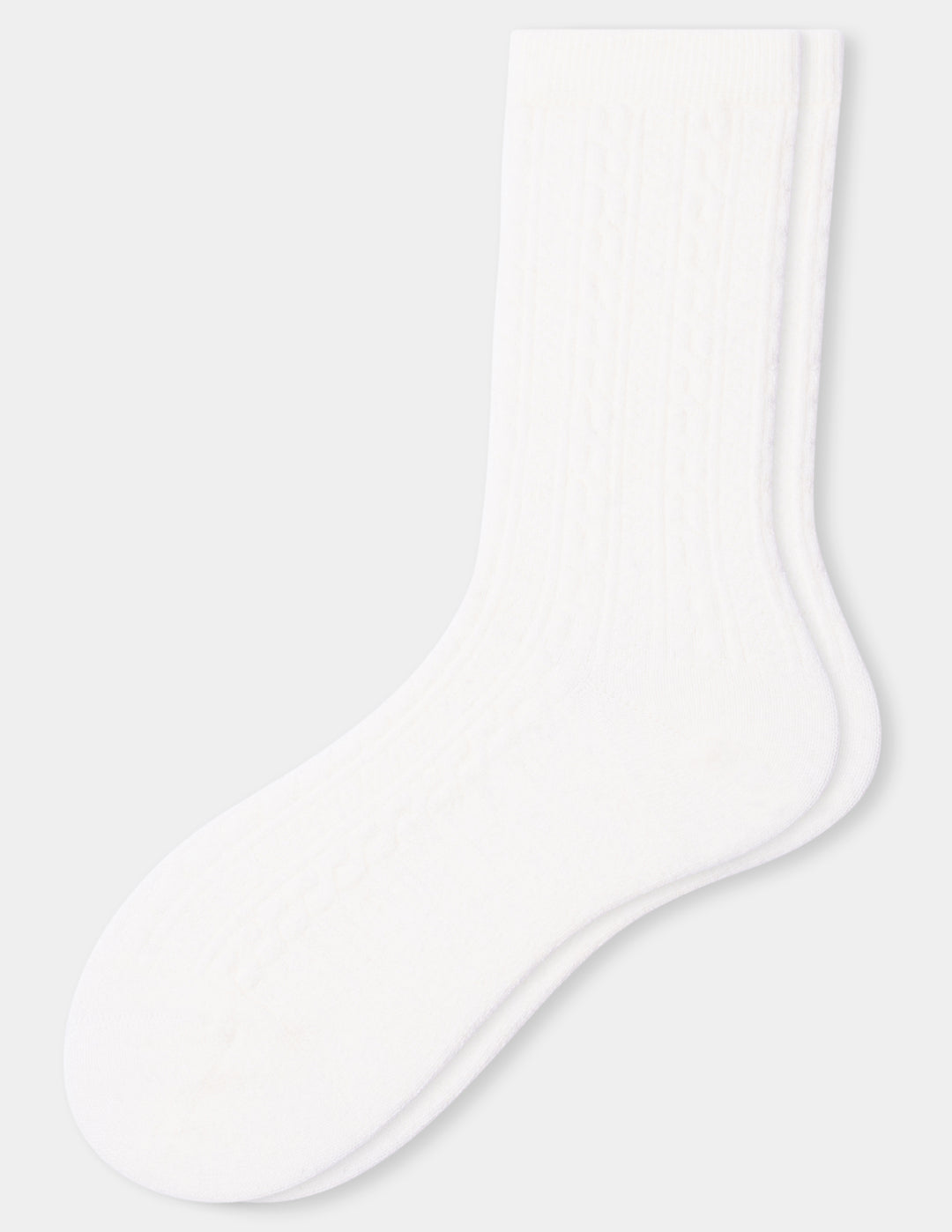 A pair of ivory crew socks with a subtle vertical ribbed texture, shown against a light gray background.