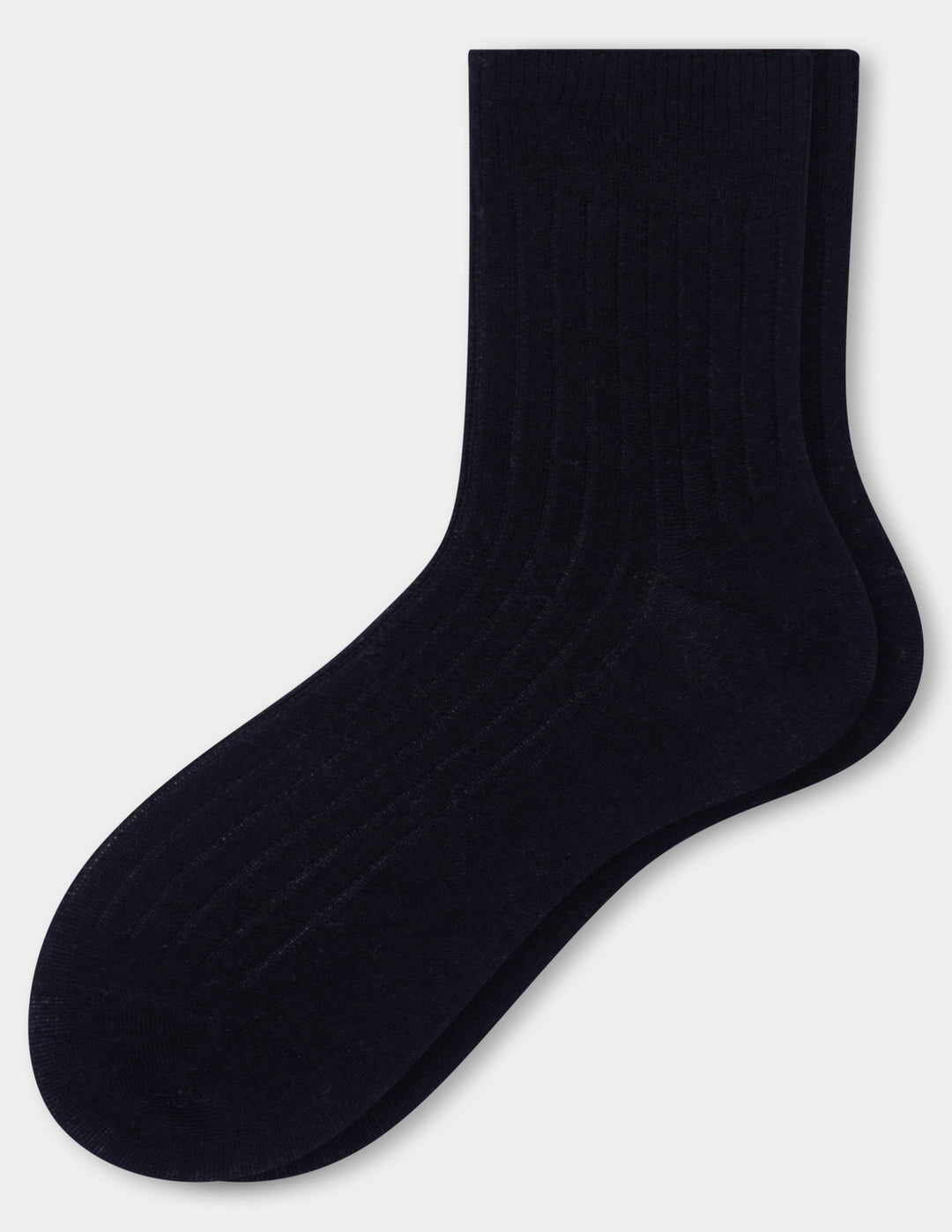 A pair of ribbed ankle socks in black displayed against a clean light gray background.