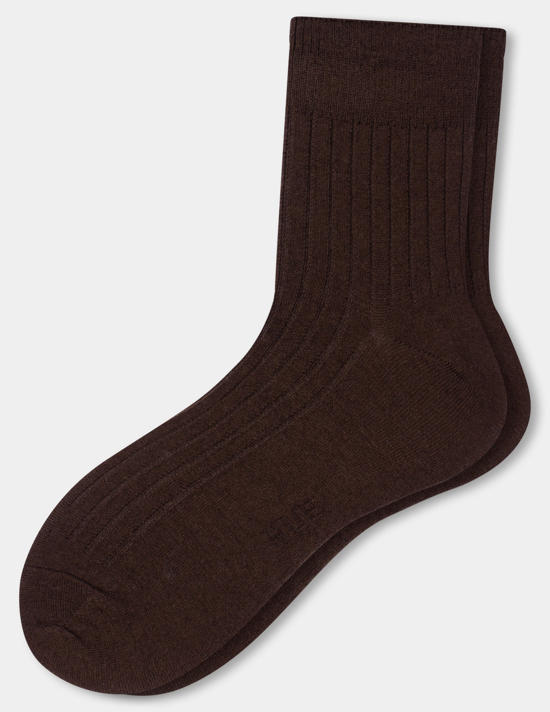 A pair of dark brown ribbed crew sock shown on a light gray background.