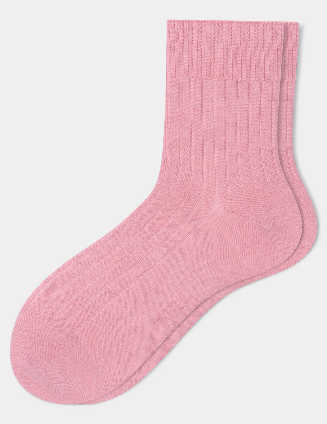 A pair of pink ribbed ankle sock shown against a light gray background.