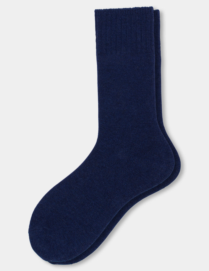 A pair of dark navy blue crew sock shown flat against a light gray background.
