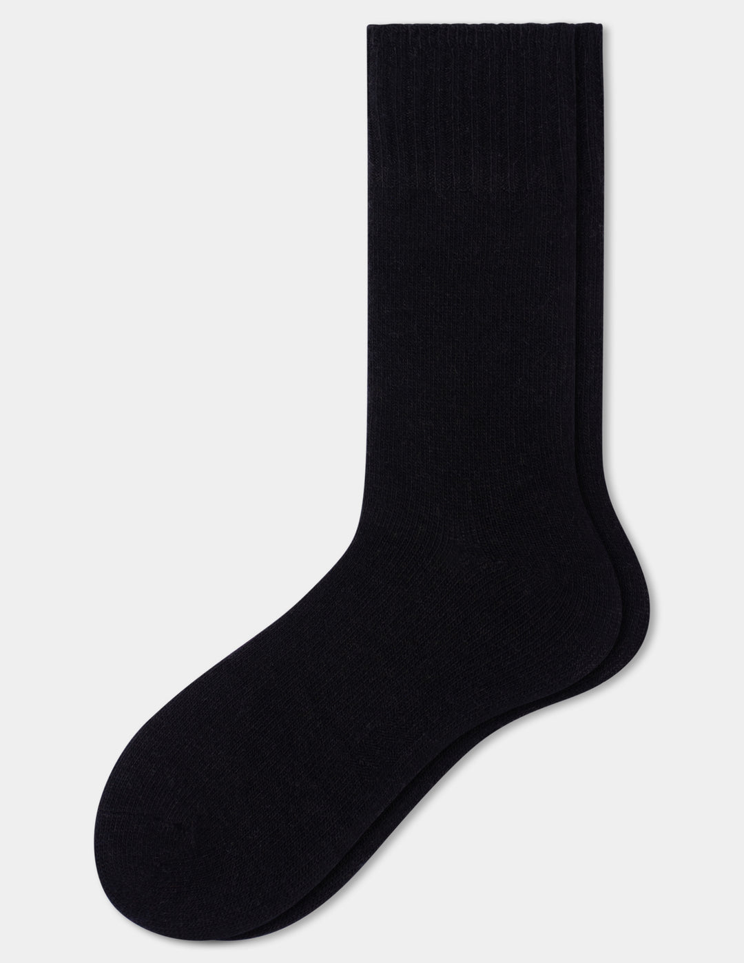 A pair of black crew sock shown flat against a light gray background.