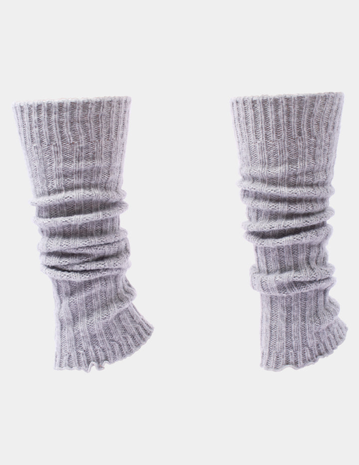 Ribbed grey heather leg warmers photographed against a light gray background.