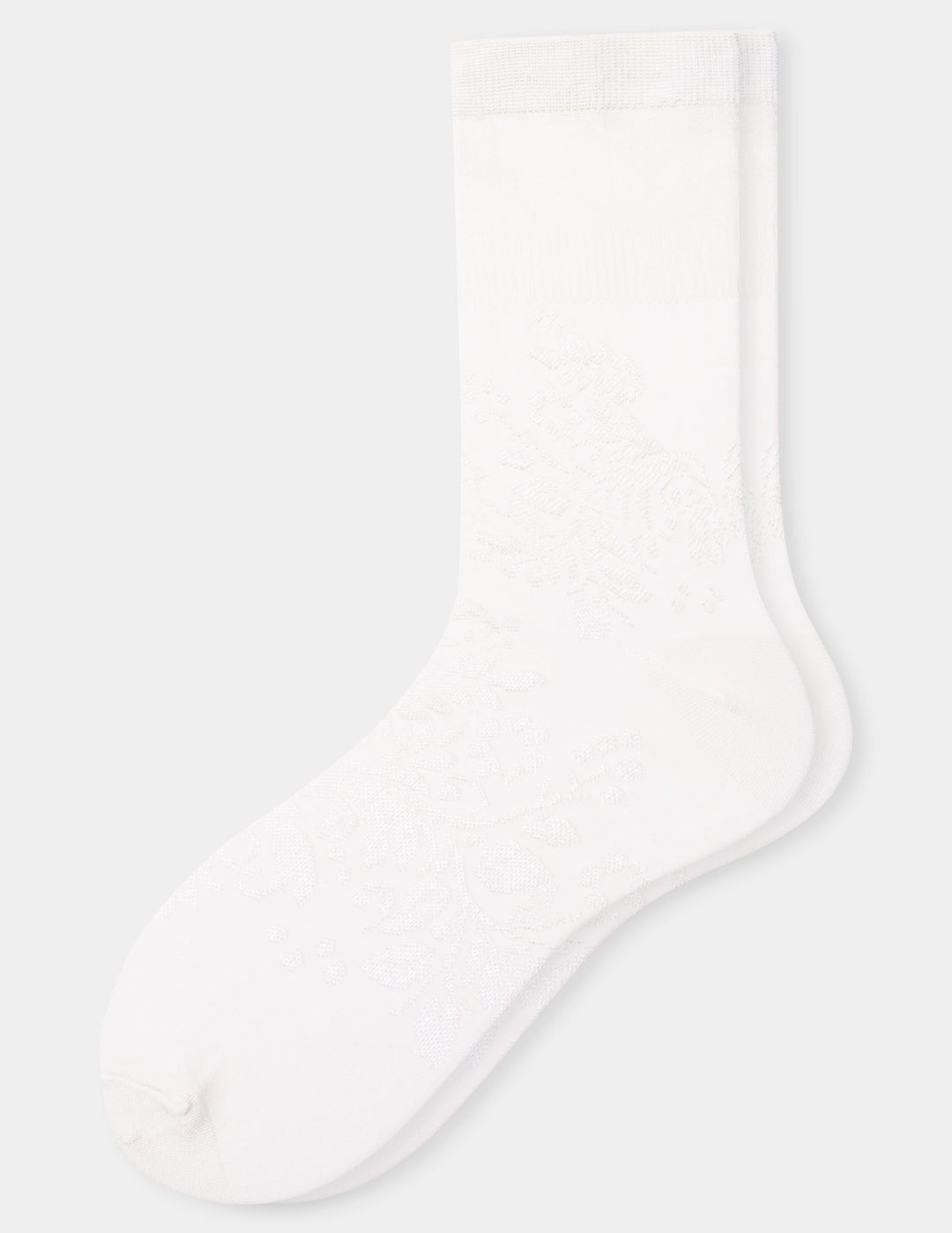 A pair of ivory crew socks with a floral textured pattern, shown against a light gray background.