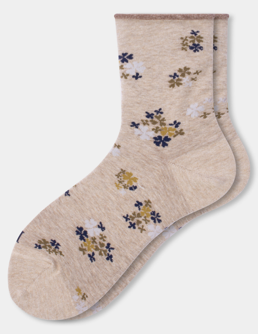 A pair of beige crew socks with a delicate floral pattern in navy blue, white, and mustard yellow, displayed against a light gray background.
