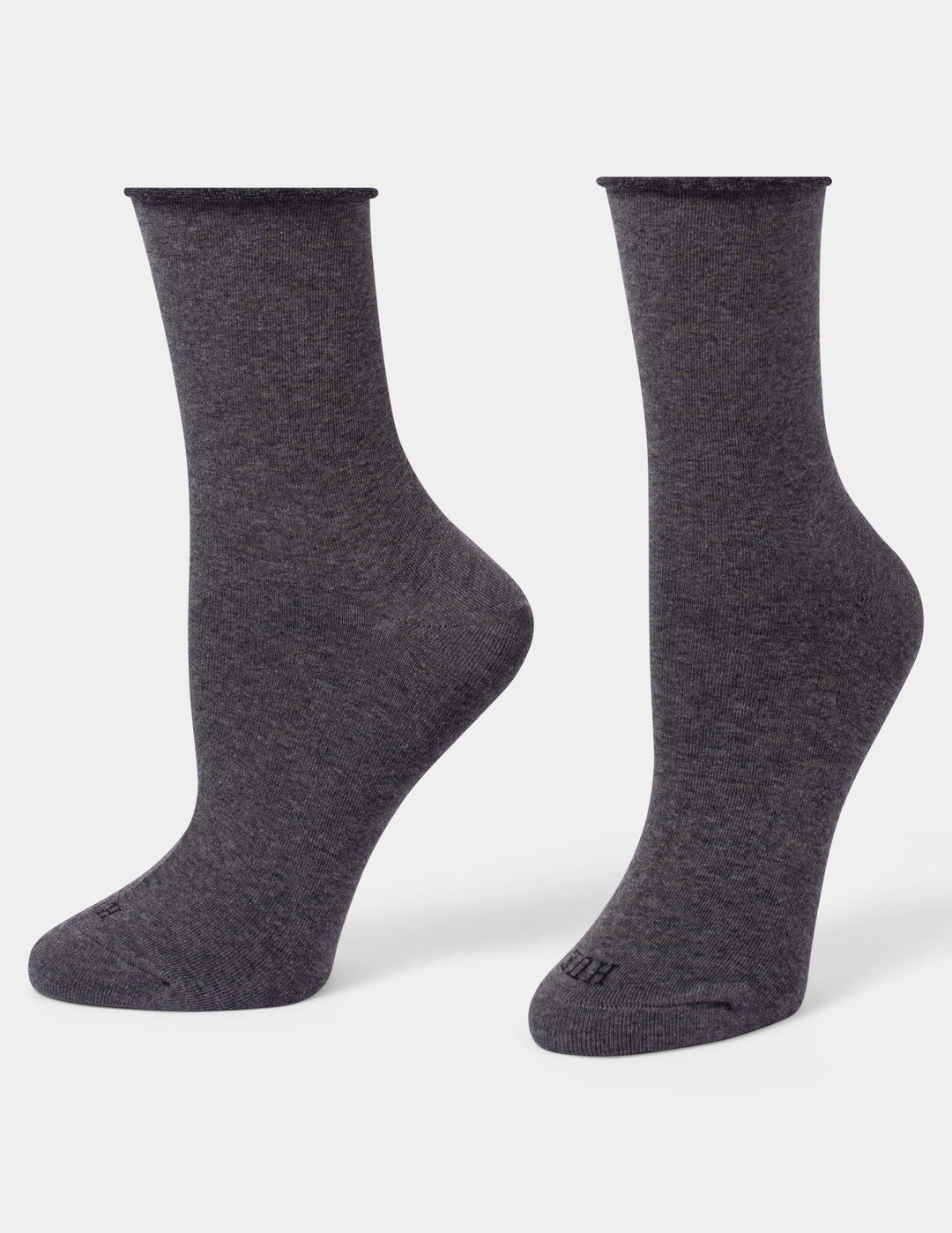 A pair of dark heather gray crew socks shown from the front and side against a plain white background.