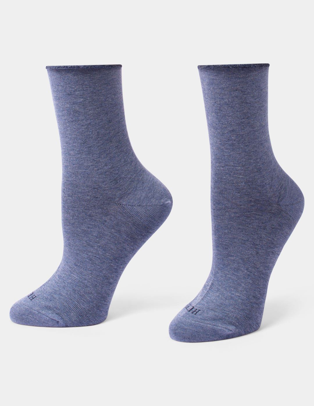 A pair of heathered blue crew socks displayed on foot forms against a light gray background.