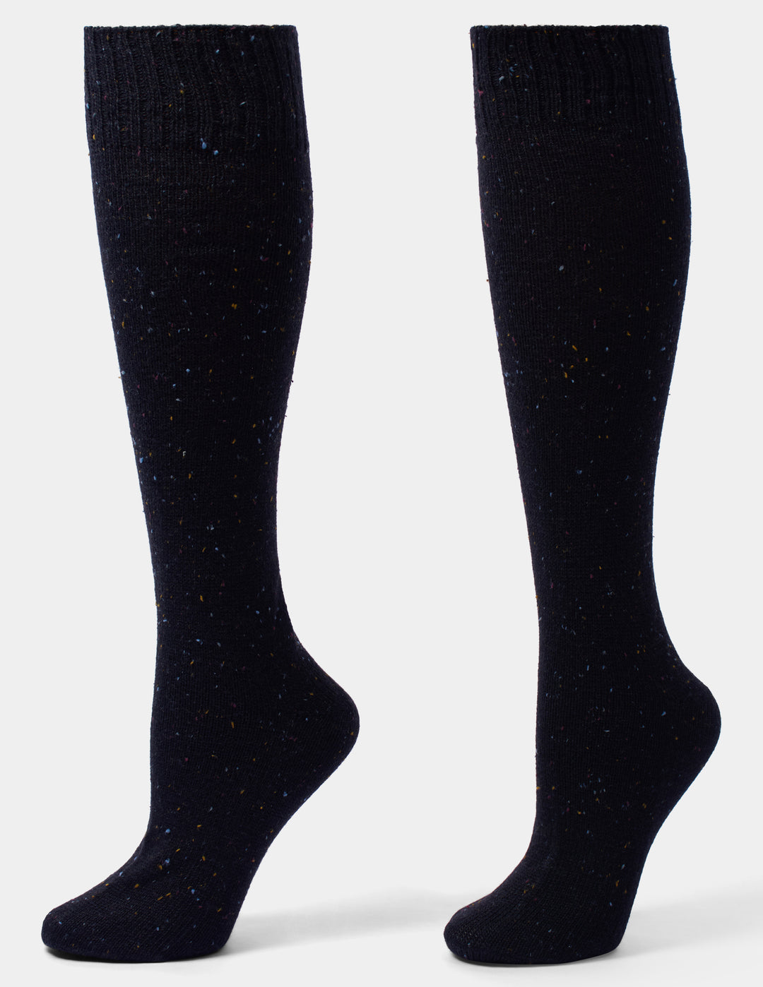 A pair of black tweed knee socks displayed against a light gray background.