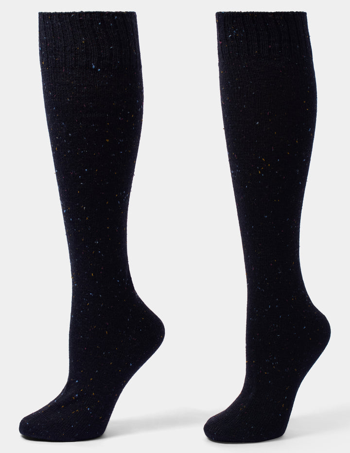 A pair of black tweed knee socks displayed against a light gray background.