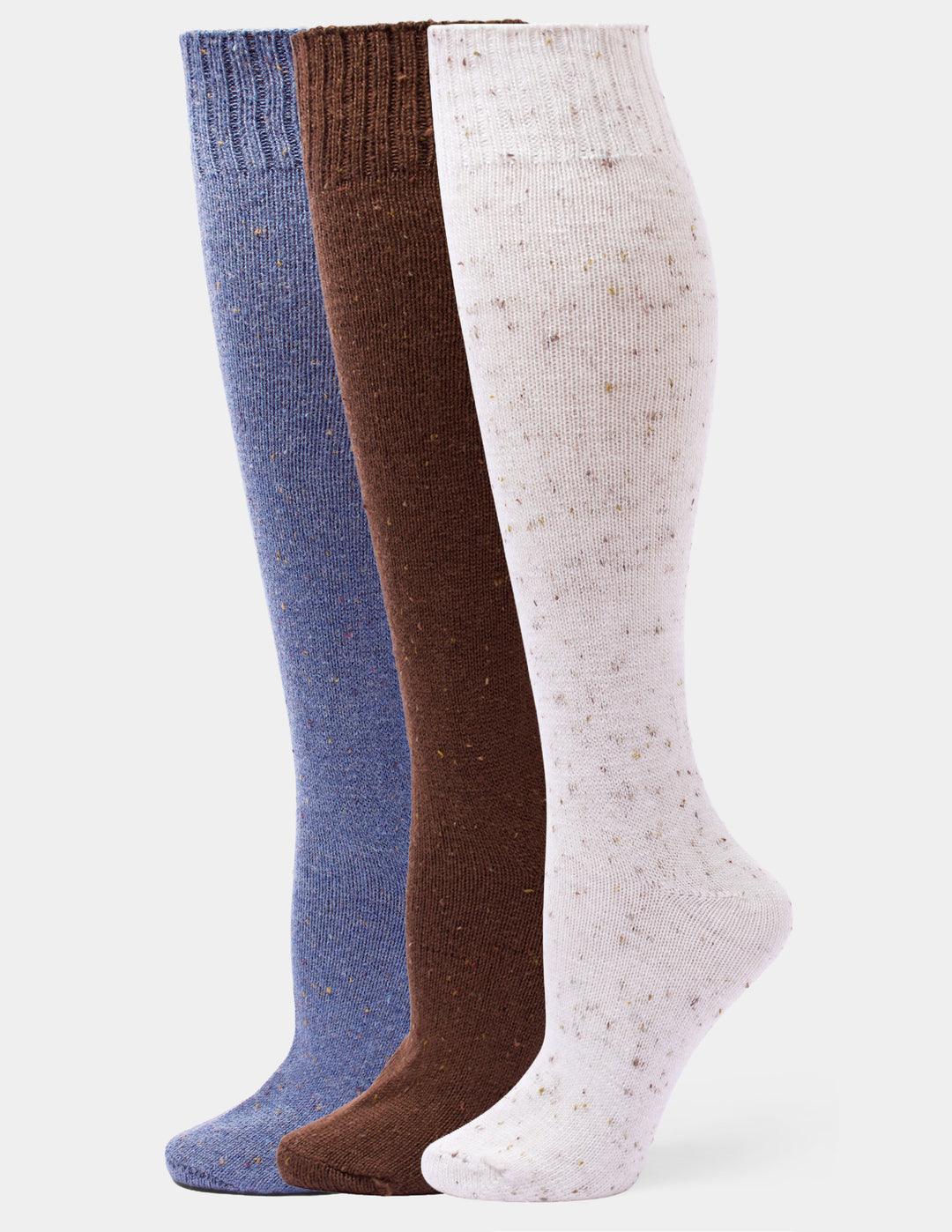 Three knee-high socks with tiny speckles, shown overlapping on a light gray background. The socks are in three colors: slate blue, medium brown, and off-white.