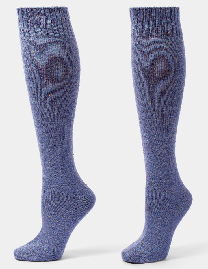A pair of knee-high ribbed knit socks in a heathered periwinkle blue color with subtle multicolor flecks, shown on a light gray background.