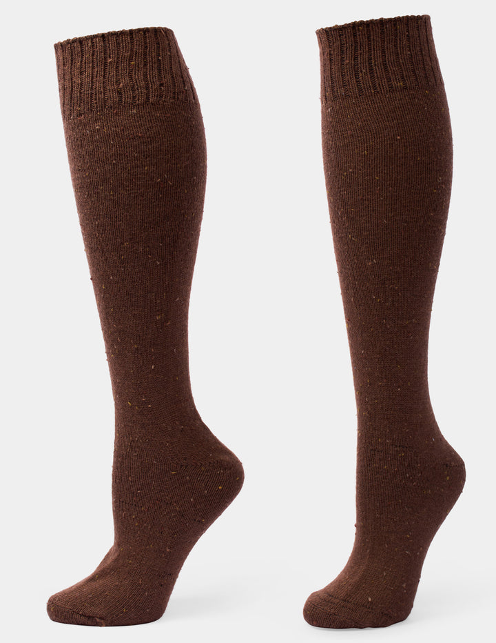 A pair of knee-high brown knit socks shown on invisible forms against a light gray background.