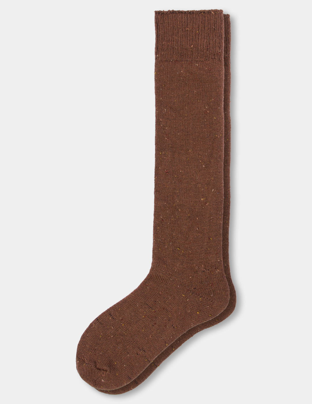 A single brown crew sock with subtle multicolor flecks, shown flat against a light gray background.