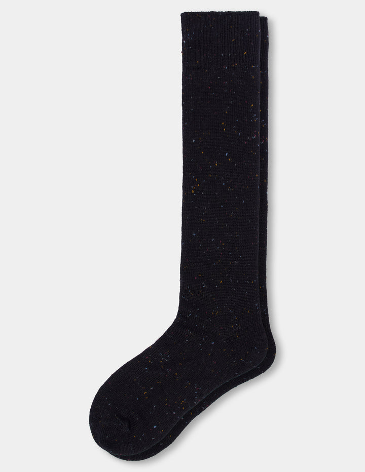 A pair of black tweed knee socks displayed on a light gray background.