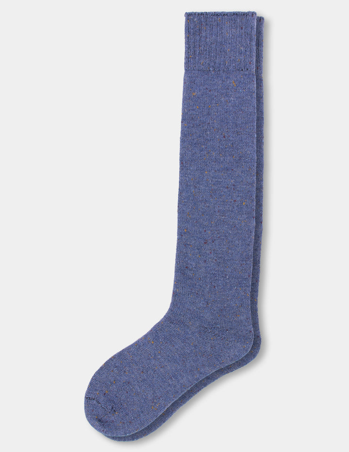 A single heathered blue crew sock with subtle multicolor flecks, shown flat against a light gray background.