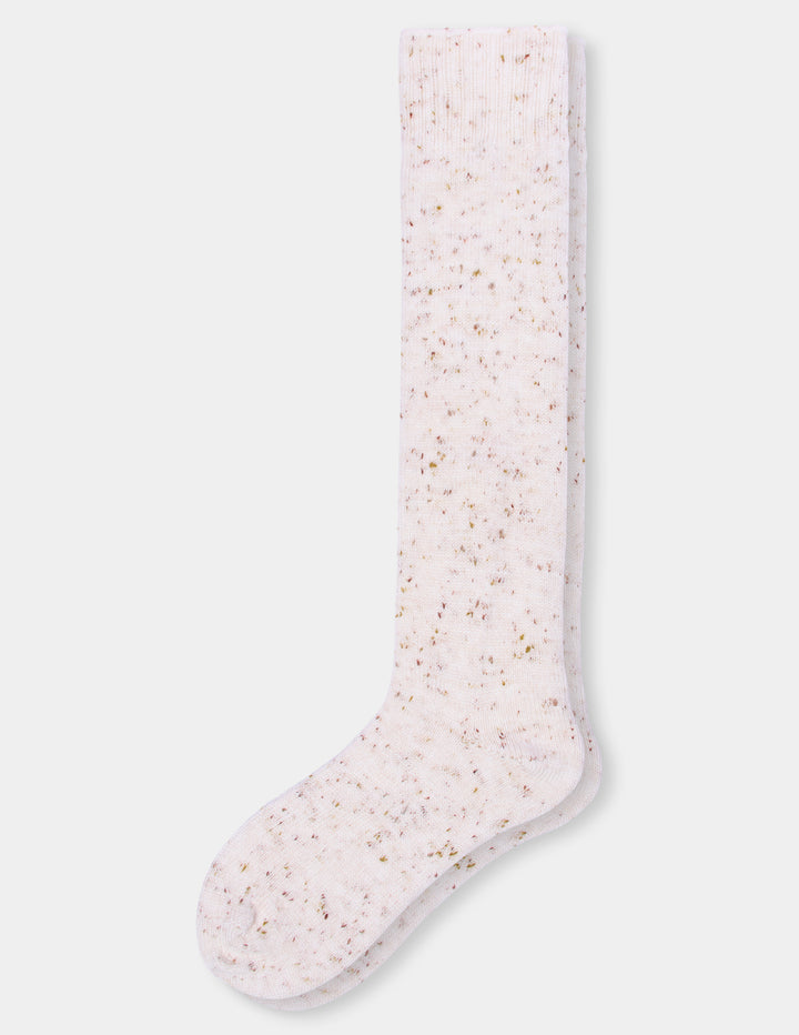 A single knee-high sock in a off-white color with fine tan and brown speckles, shown flat against a light gray background.