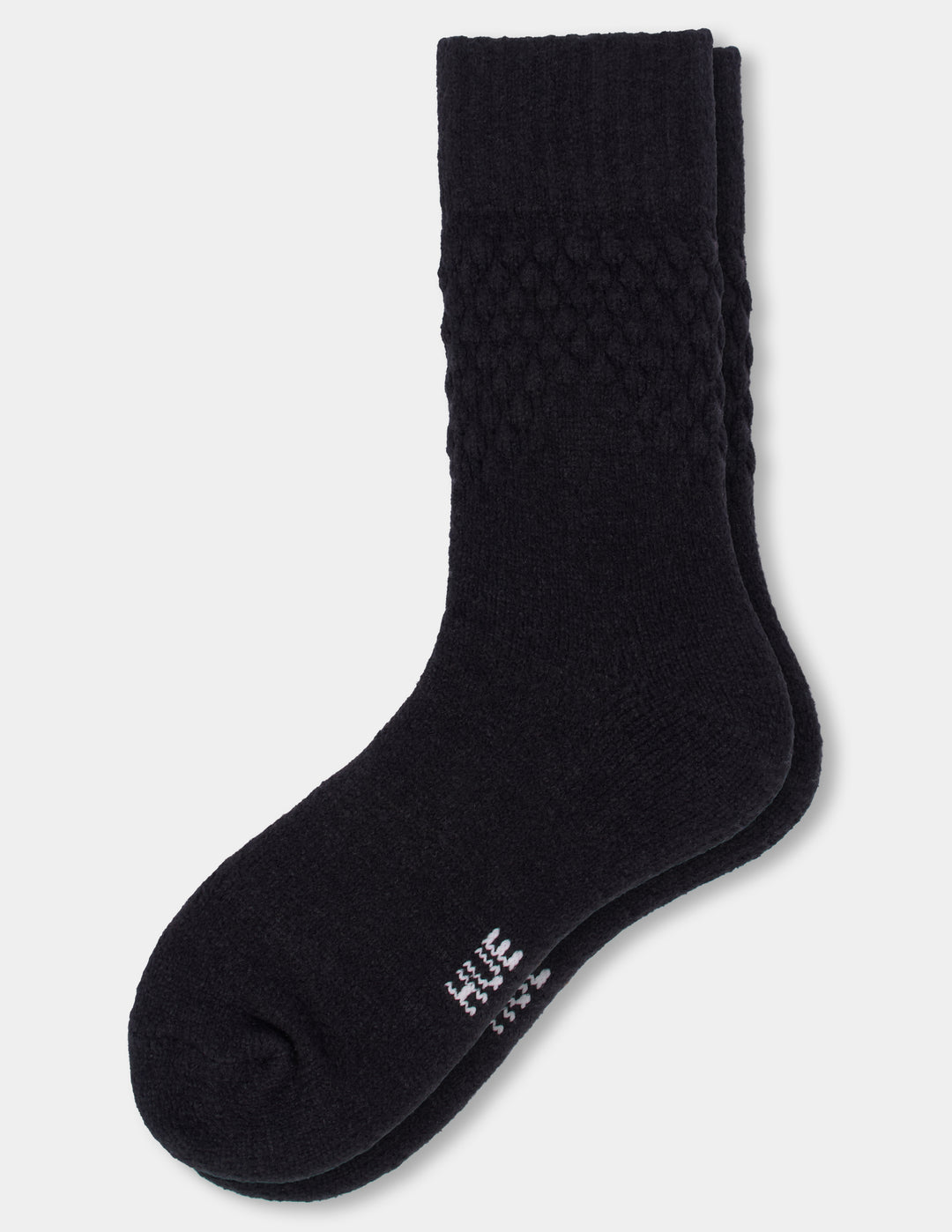 A pair of black textured crew socks against a light gray background.
