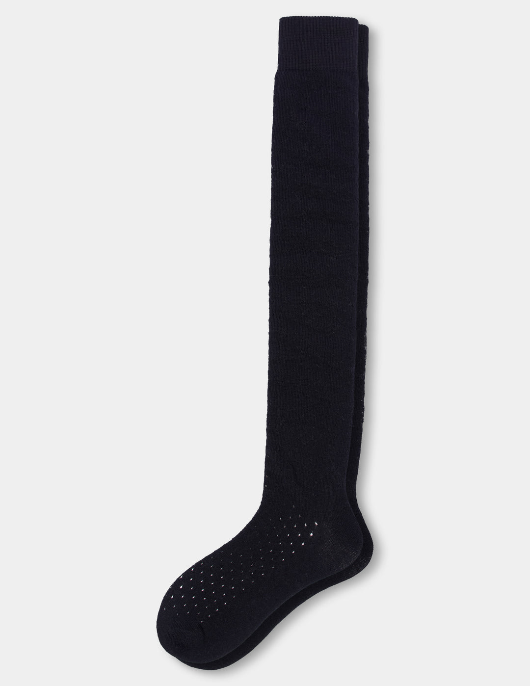 A pair of black over-the-knee socks with a textured, dotted knit pattern, displayed against a light gray background.