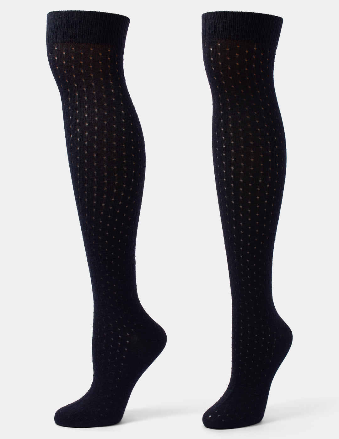 A pair of black over-the-knee socks with a textured, dotted knit pattern, displayed on invisible forms against a light gray background.