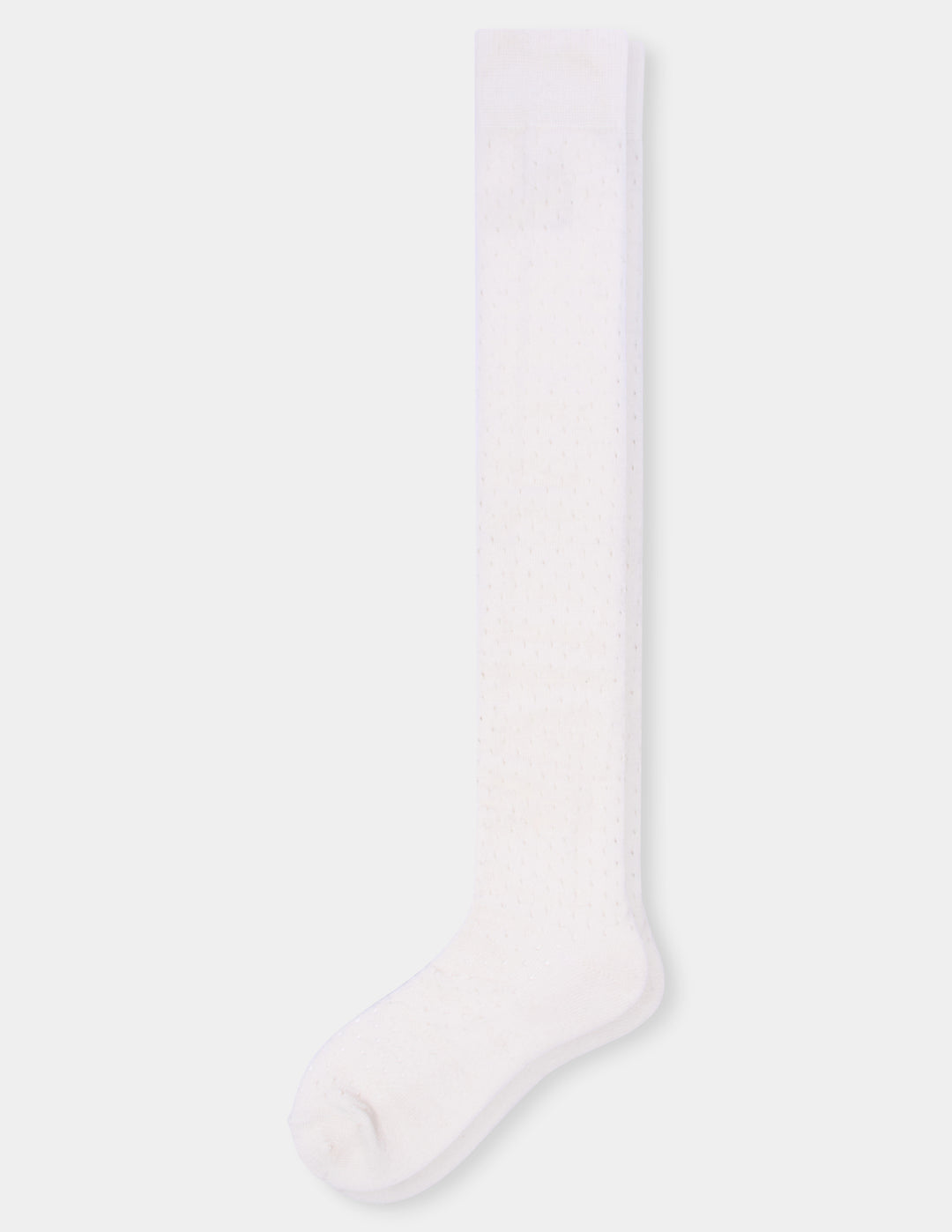 A pair of ivory over-the-knee socks with a textured, dotted knit pattern, displayed against a light gray background.