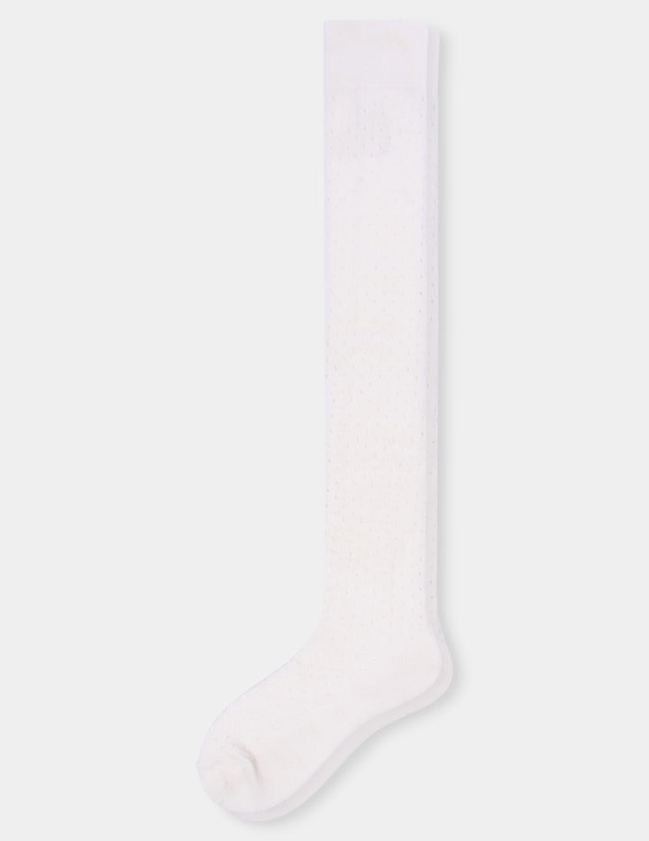 A pair of ivory over-the-knee socks with a textured, dotted knit pattern, displayed against a light gray background.