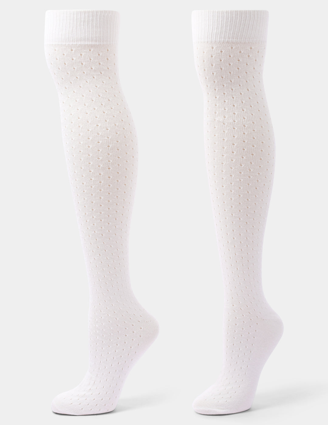 A pair of ivory over-the-knee socks with a textured, dotted knit pattern, displayed on invisible forms against a light gray background.