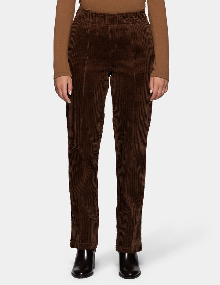 A model wearing brown straight leg corduroy pants paired with a lighter brown long sleeve top and black boots, photographed against a light gray background.