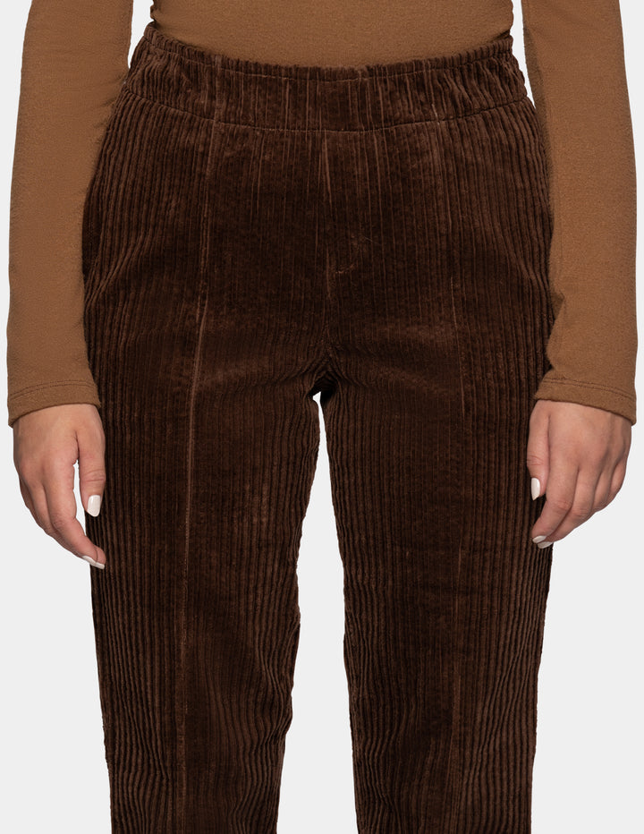 A closeup view of a model wearing brown straight leg corduroy pants paired with a lighter brown long sleeve top, photographed against a light gray background.