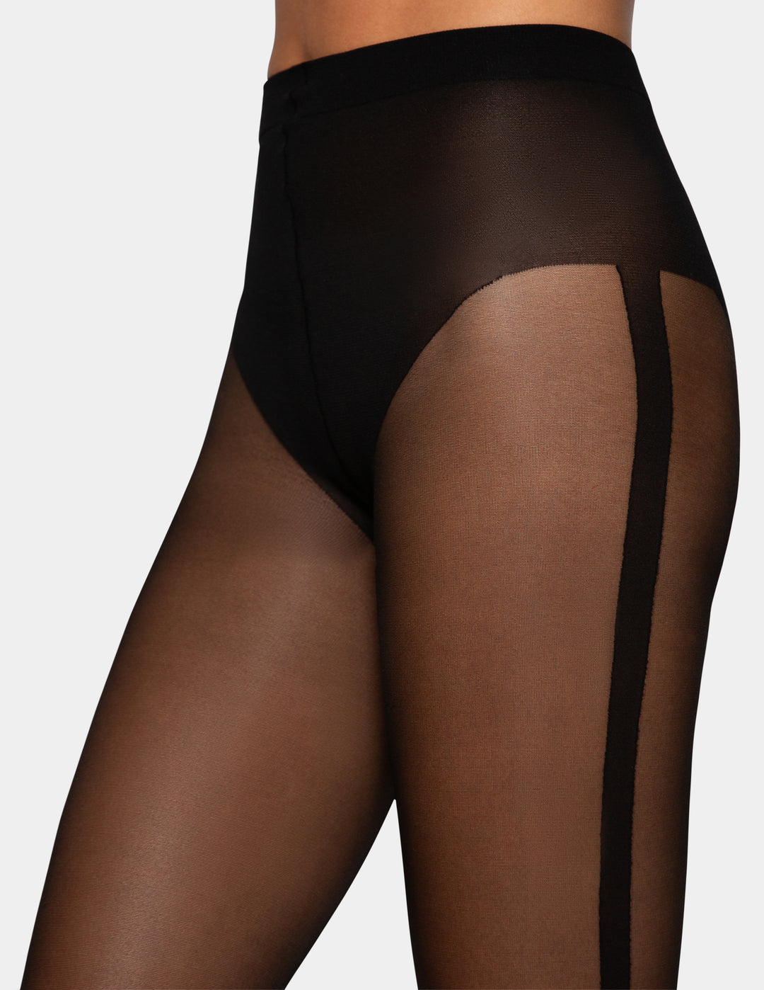 A model wearing sheer black tights with solid black side panels, shown at the waist against a light gray studio background.