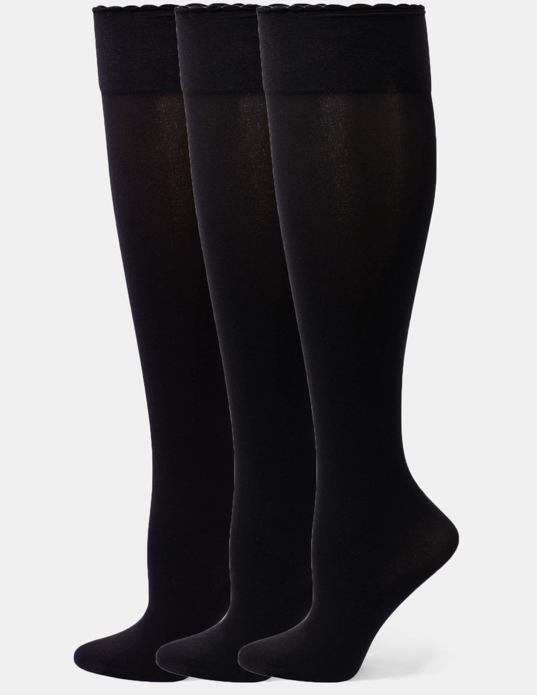 Three black over-the-knee socks against a light gray background.