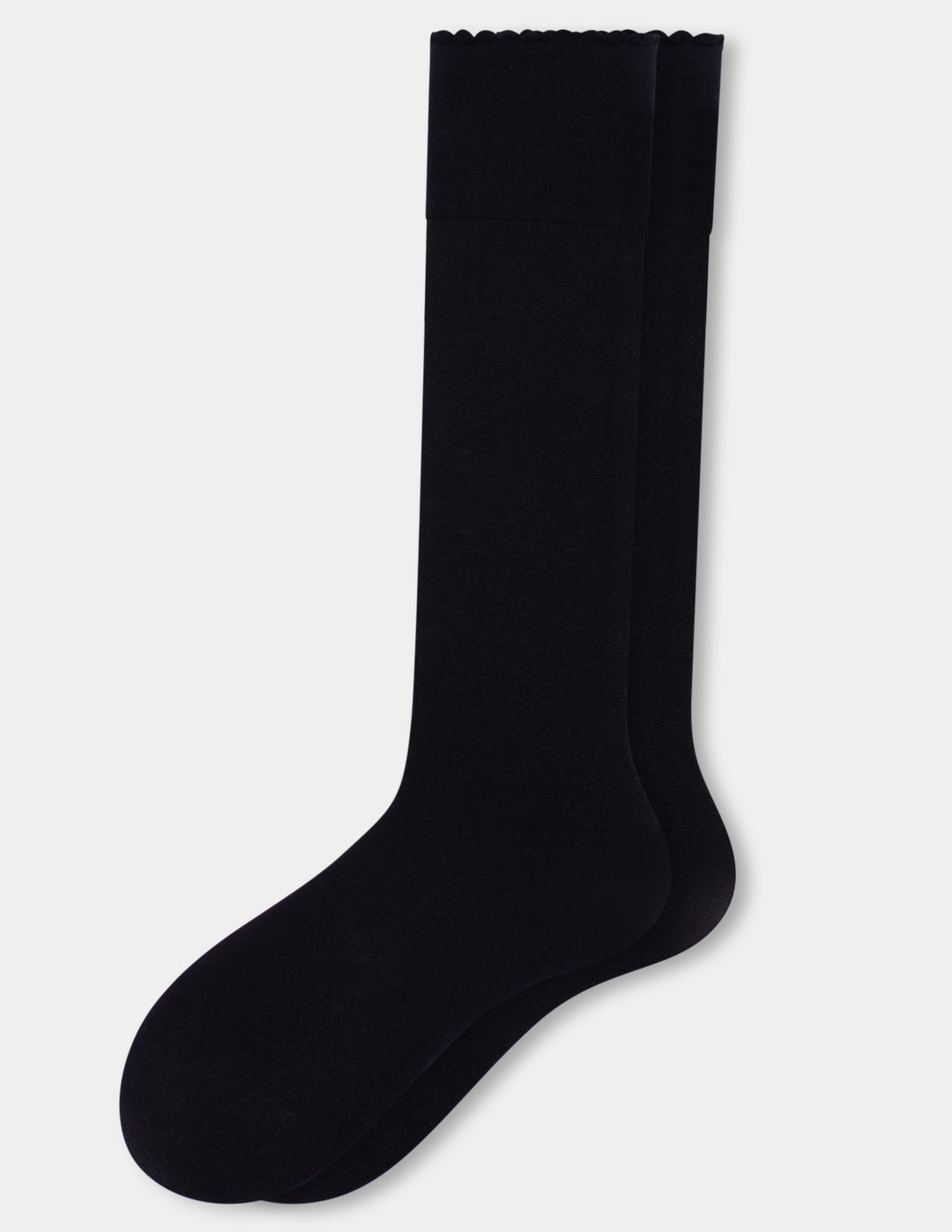 A pair of black crew socks shown flat against a light gray background.