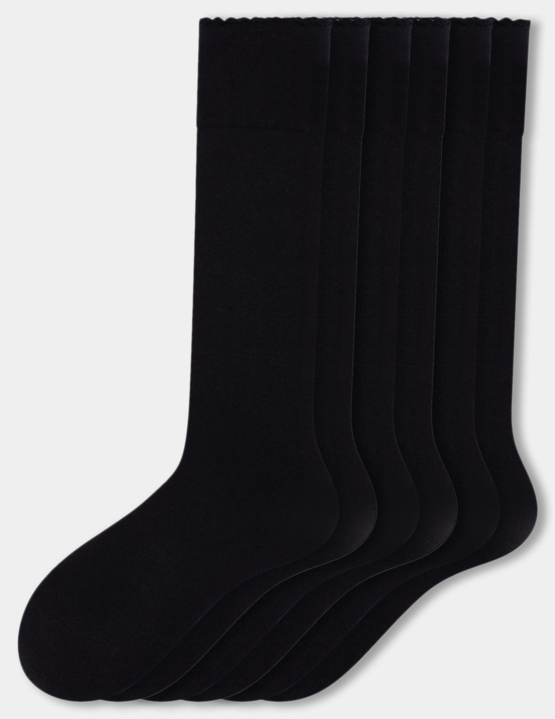 Three pairs of knee-high socks fanned out against a light gray background.
