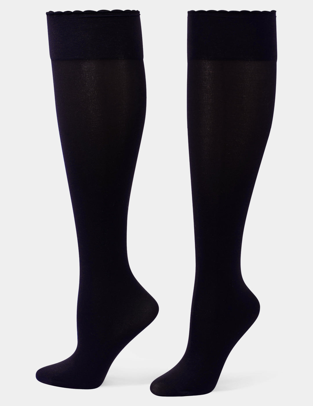 A pair of dark navy over-the-knee socks against a light gray background.