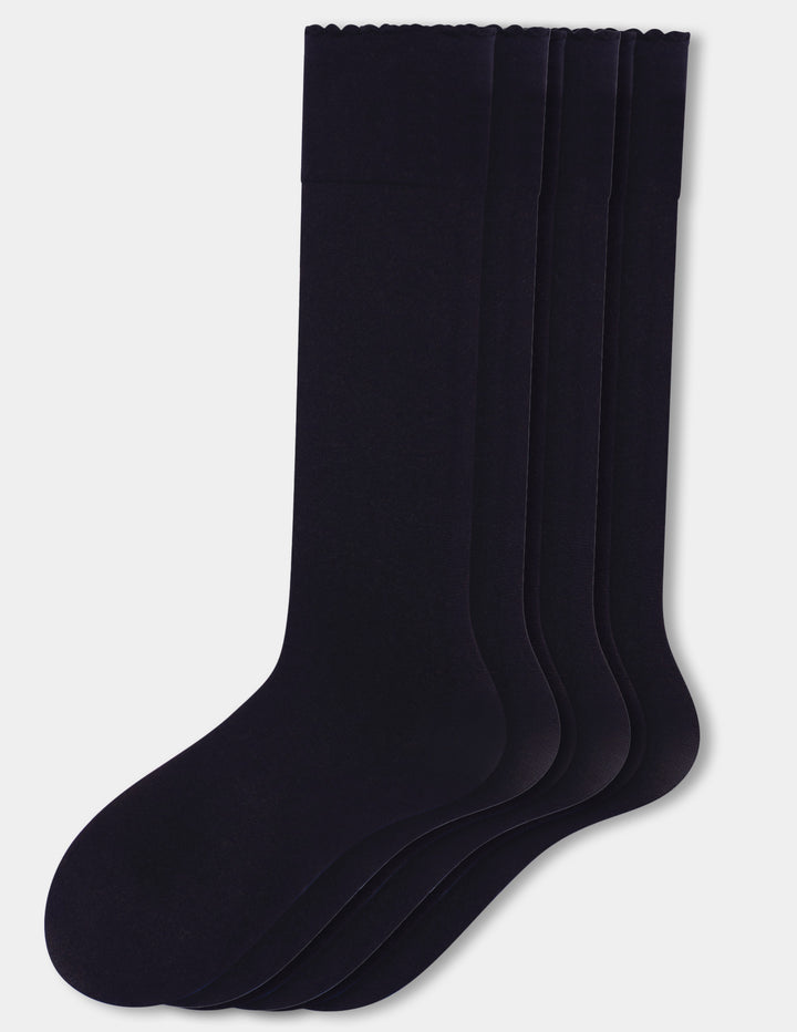 A three pack of dark navy blue crew socks displayed on a light gray background.
