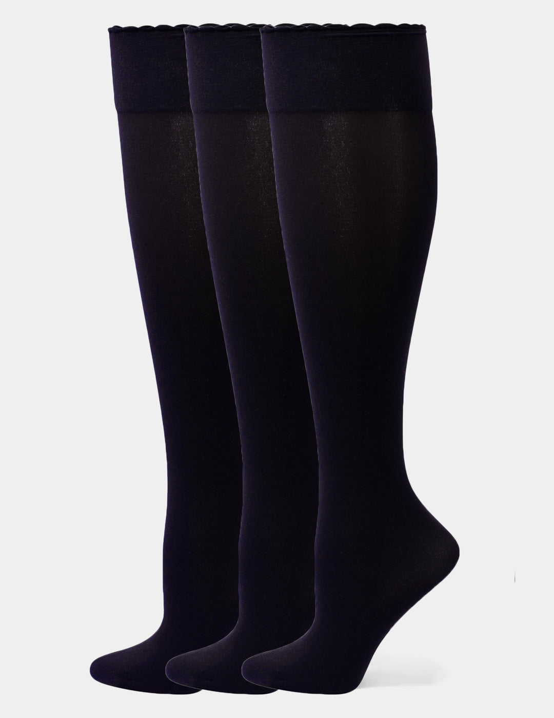 Three pairs of dark navy over-the-knee socks arranged in a row against a light gray background.