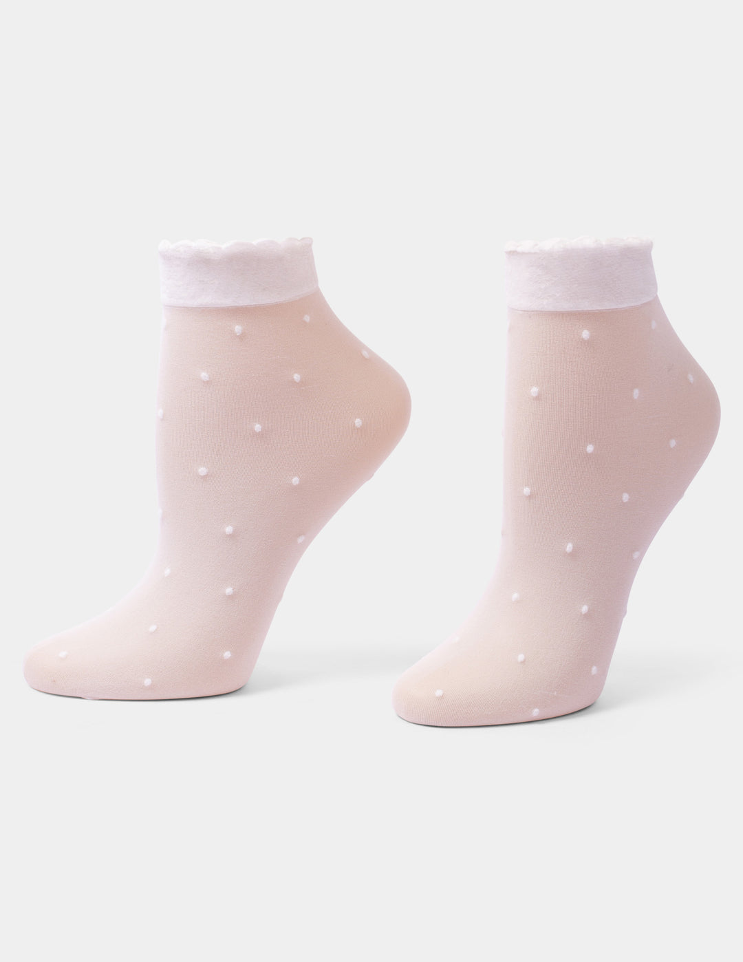 A pair of ivory ankle socks with small white polka dots and a white ribbed cuff, shown against a light gray background.
